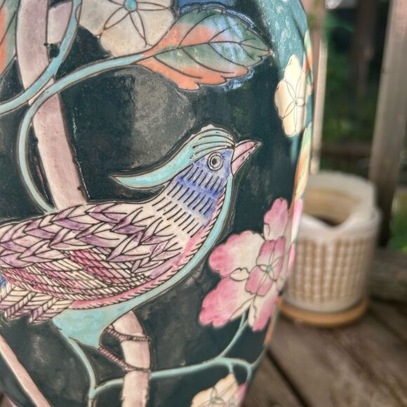 Vintage Chinoiserie Asian Lamp Blue Green Pink Bird Floral 25” Tall - Picture 8 of 16